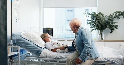 Buy stock photo Girl, child and hospital bed with grandma for healthcare, prcoedure or operation at clinic. Grandmother, kid and patient with smile, teddy bear or support for comfort, medical treatment or recovery