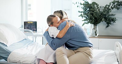 Buy stock photo Hug, healthcare and mother with child in hospital for support, pediatric patient and love. Medical, empathy and ICU recovery with person and kid in clinic bed for family comfort, kindness and trust
