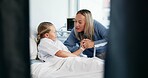 Happy, comfort and mother with child in hospital with visit for support, bonding or recovery. Smile, love and mom having fun with girl kid for healthcare checkup or rehabilitation in medical clinic.