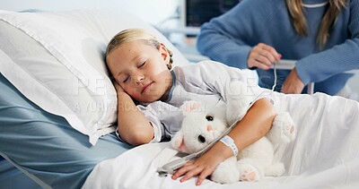 Buy stock photo Girl, sleep and parent in hospital with child, comfort and rest with mother and healthcare. Family, patient and kid with mama, teddy bear and support for wellness, pediatrics and relaxing with nap