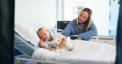 Buy stock photo Healthcare, woman and sleeping child in hospital with teddy bear, support or care in recovery. Smile, mother and daughter asleep in bed for rehabilitation, visiting hour or patient rest after surgery