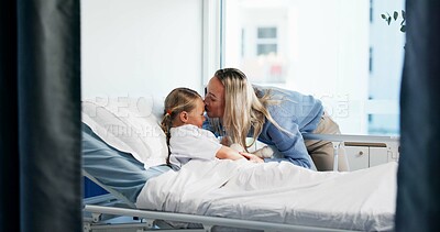 Buy stock photo Healthcare, woman or child in bed with kiss, support or care for patient in recovery. Smile, mother and daughter in hospital for treatment, surgery success or single parent comforting with love