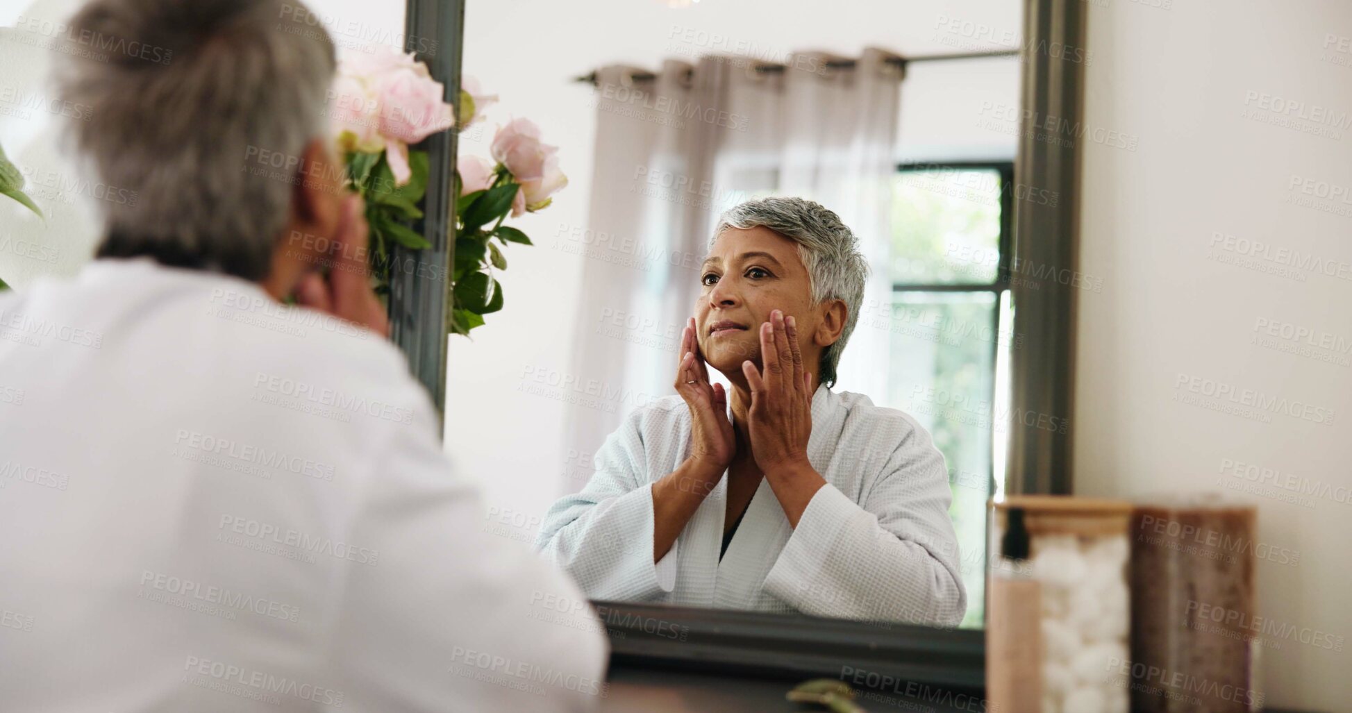Buy stock photo Home, reflection or senior woman with skincare, beauty or dermatology with anti aging. Pensioner, facial treatment or elderly person with wellness, mirror or grooming with morning routine or wrinkles