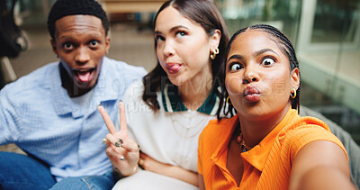 Buy stock photo Selfie, goofy and portrait of people in office for team building, bonding or meeting together. Silly, internship and group of magazine editors with photography picture for about us at creative agency