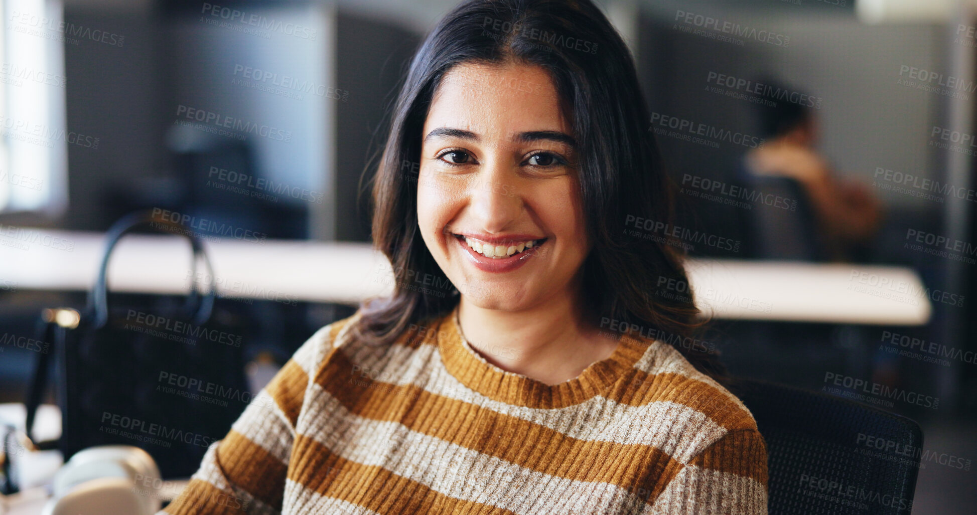 Buy stock photo Business, portrait and happy woman in office, intern or copywriting with confidence, creativity or pride. Person, employee or journalist in workplace, proofreading or success with magazine editor