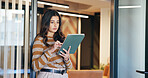Reading, tablet and scroll with business woman in office for campaign research, email and review. Digital agency, seo report and planning with person in startup for project manager oe branding update