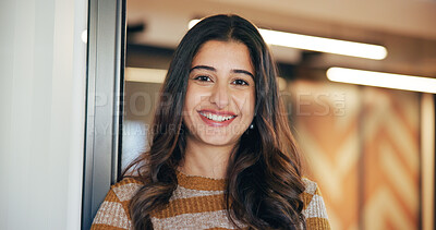 Business, portrait and woman in workplace, smile or copywriting with confidence, creativity or pride. Person, employee and journalist with happiness, magazine editor or news reporter with success