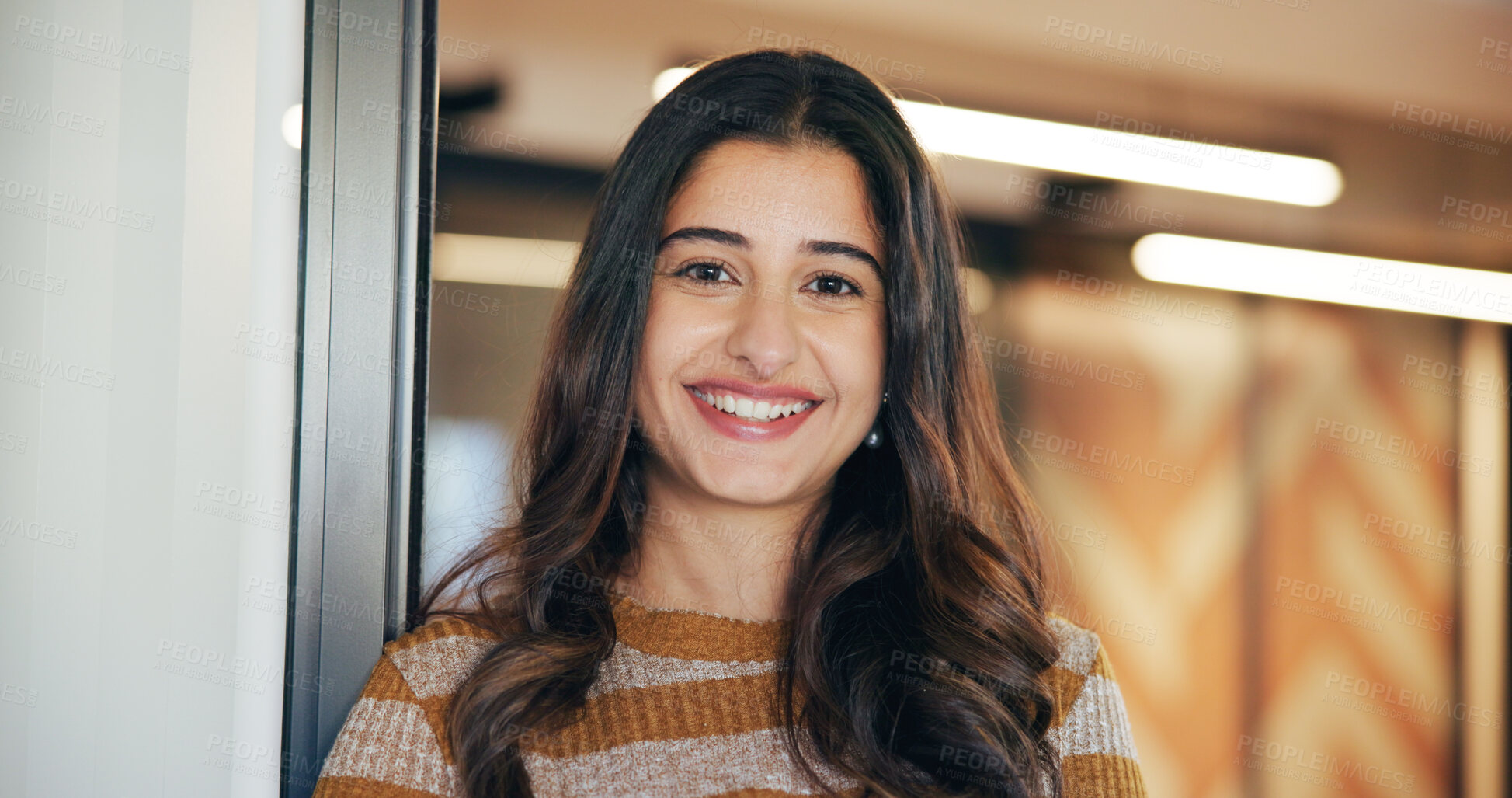 Buy stock photo Business, portrait and woman in workplace, smile or copywriting with confidence, creativity or pride. Person, employee and journalist with happiness, magazine editor or news reporter with success