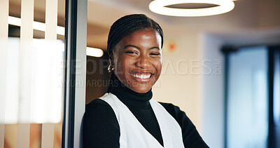 Buy stock photo Business, portrait and black woman in office, smile or copywriting with confidence, creativity or pride. African person, employee or journalist in workplace, happiness or success with magazine editor