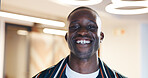 Laugh, business and portrait of black man in office with confidence, pride and happy for company. Professional worker, startup and face of person for creative career, job opportunity and ambition