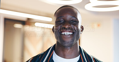 Buy stock photo Business, portrait or black man in workplace, smile or copywriting with success, creativity or pride. African person, employee or journalist in office, happiness or news reporter with magazine editor