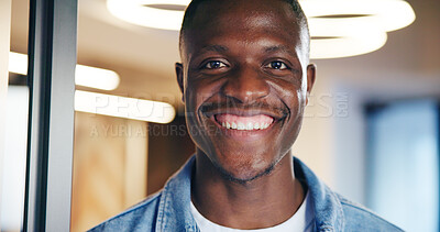 Buy stock photo Business, portrait and black man in office, smile and copywriting with skills, creativity and pride. African person, confidence and journalist with positive mindset, success and magazine editor