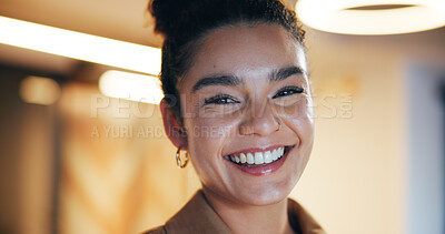 Buy stock photo Business, portrait and woman with smile, night and success with confidence, creativity and pride. Happy person, employee and journalist in workplace, evening and copywriting with magazine editor