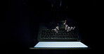 Night, hacking and hands of person on laptop from above in cyber crime, internet fraud or malware. Typing, darknet and hacker in mockup for data breach, ransomware or criminal network in dark space