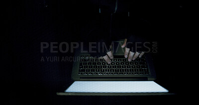 Buy stock photo Night, hacking and hands of person on laptop from above in cyber crime, internet fraud or malware. Typing, darknet and hacker in mockup for data breach, ransomware or criminal network in dark space
