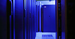 Empty, data center and storage interior in server room for IT, infrastructure and software security. Mainframe, power supply and hub operation for cybersecurity, hardware systems and database machine