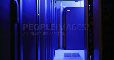Buy stock photo Empty, data center and storage interior in server room for IT, infrastructure and software security. Mainframe, power supply and hub operation for cybersecurity, hardware systems and database machine