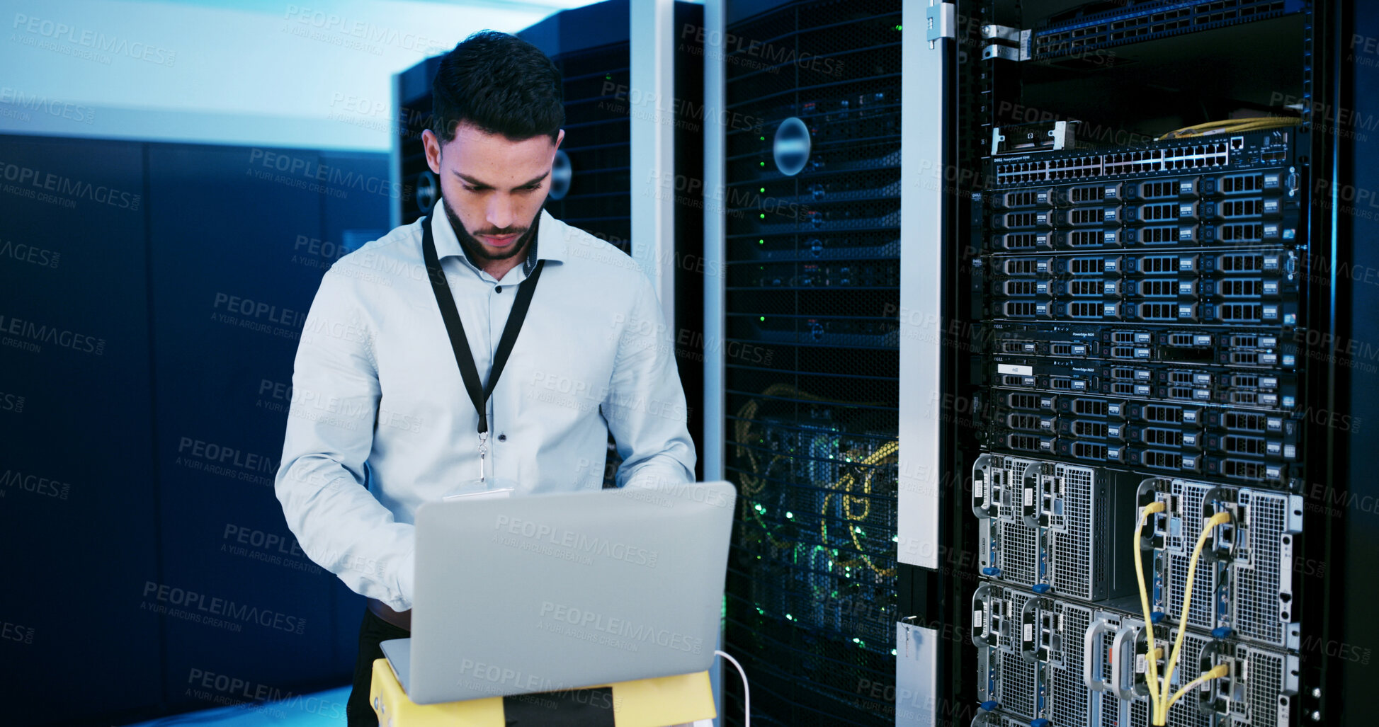 Buy stock photo Cybersecurity, upgrade and man with laptop, coding or check server performance and network engineer. Data center, IT specialist and person with tech for software update, power cables and electricity