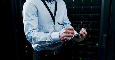 Buy stock photo Hands, clipboard and writing in server room for information technology, solution or feedback at company. Person, programmer and checklist with notes, review and inspection for cybersecurity at agency
