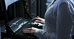 Hands, typing and computer with programming in server room, coding or IT solution at company. Person, cybersecurity and assessment with keyboard, hardware or information technology for system upgrade