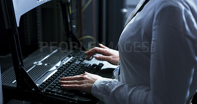 Buy stock photo Hands, typing and computer with programming in server room, coding or IT solution at company. Person, cybersecurity and assessment with keyboard, hardware or information technology for system upgrade