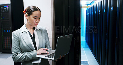 Buy stock photo Administration, laptop and woman in server room for cybersecurity, network maintenance or programming. Computer, firewall installation and typing with IT professional in data center for engineering