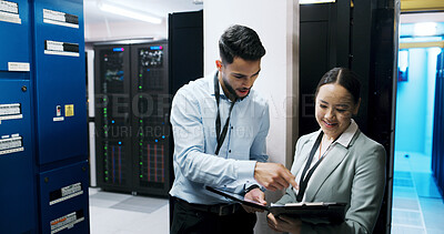 Buy stock photo Server room, people and discussion with clipboard for help, data storage or team. IT, technician and planning with tablet in datacenter for cybersecurity, maintenance checklist or happy for solution