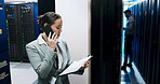 Server room, clipboard or woman with phone call for update, hardware maintenance or 404 glitch. Network error, data center or engineer on mobile for IT support, checklist or electronic technology