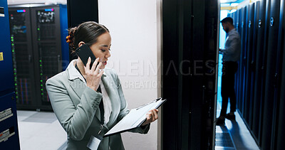 Buy stock photo Server room, clipboard or woman with phone call for update, hardware maintenance or 404 glitch. Network error, data center or engineer on mobile for IT support, checklist or electronic technology
