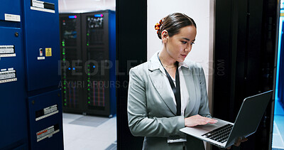 Buy stock photo Laptop, typing and woman in data center for cybersecurity, network maintenance or programming. Administration, computer and firewall installation with IT engineer or professional in server room