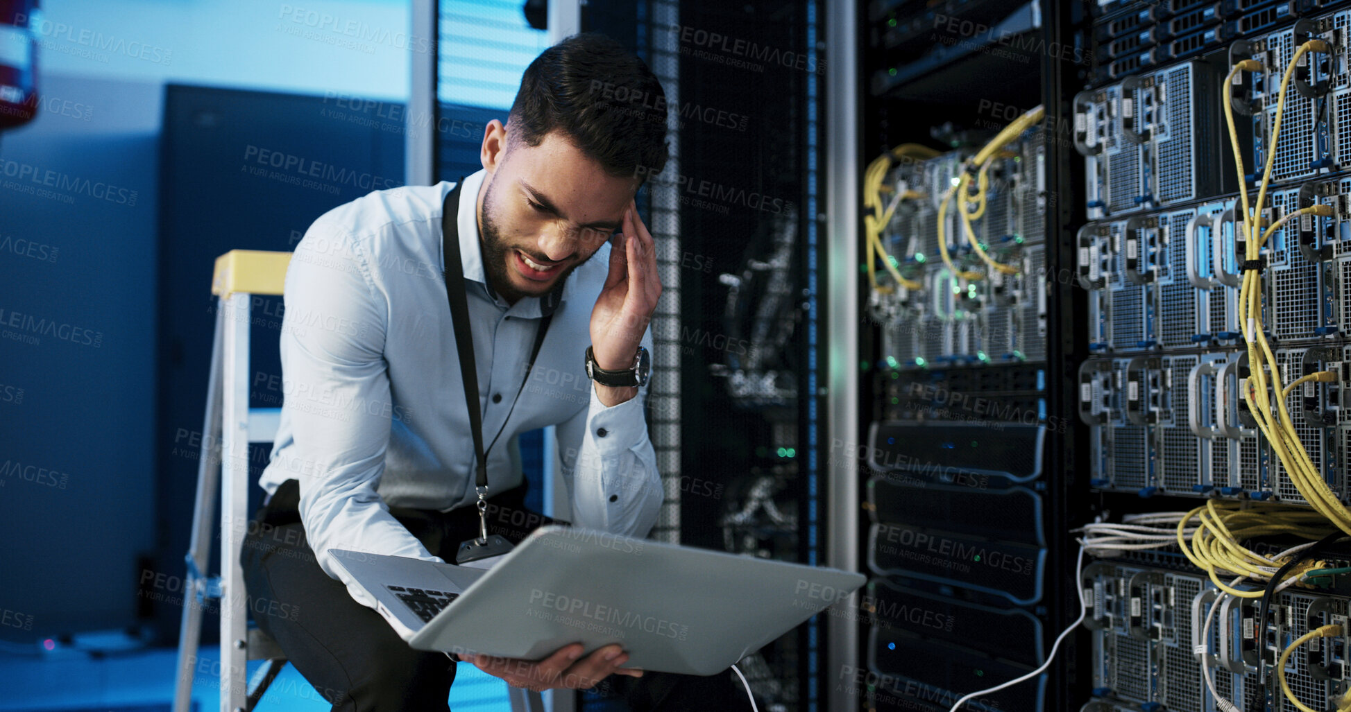 Buy stock photo Frustrated man, headache or stress with laptop in server room for network failure or system error. Male person, IT technician or mistake with anxiety on computer for security fault or troubleshooting