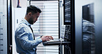 Online, cybersecurity and man with laptop, coding and check server performance and network engineer. Data center, IT specialist and person with tech for software update, power cables and electricity