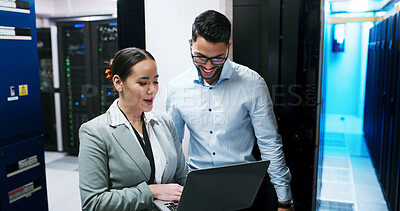 Buy stock photo Server room, team and people with laptop for software, diagnostics or discussion. IT, technician and planning with computer in datacenter for cybersecurity, system maintenance or happy for solution