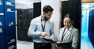 Buy stock photo Server room, team and people with tablet for software, data storage or discussion. IT, technician and planning with tech in datacenter for cybersecurity, maintenance checklist or happy for solution