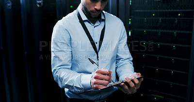 Buy stock photo Hands, writing notes and information technology in server room, solution and feedback at company. Person, programmer and clipboard with checklist, review and inspection for cybersecurity at agency