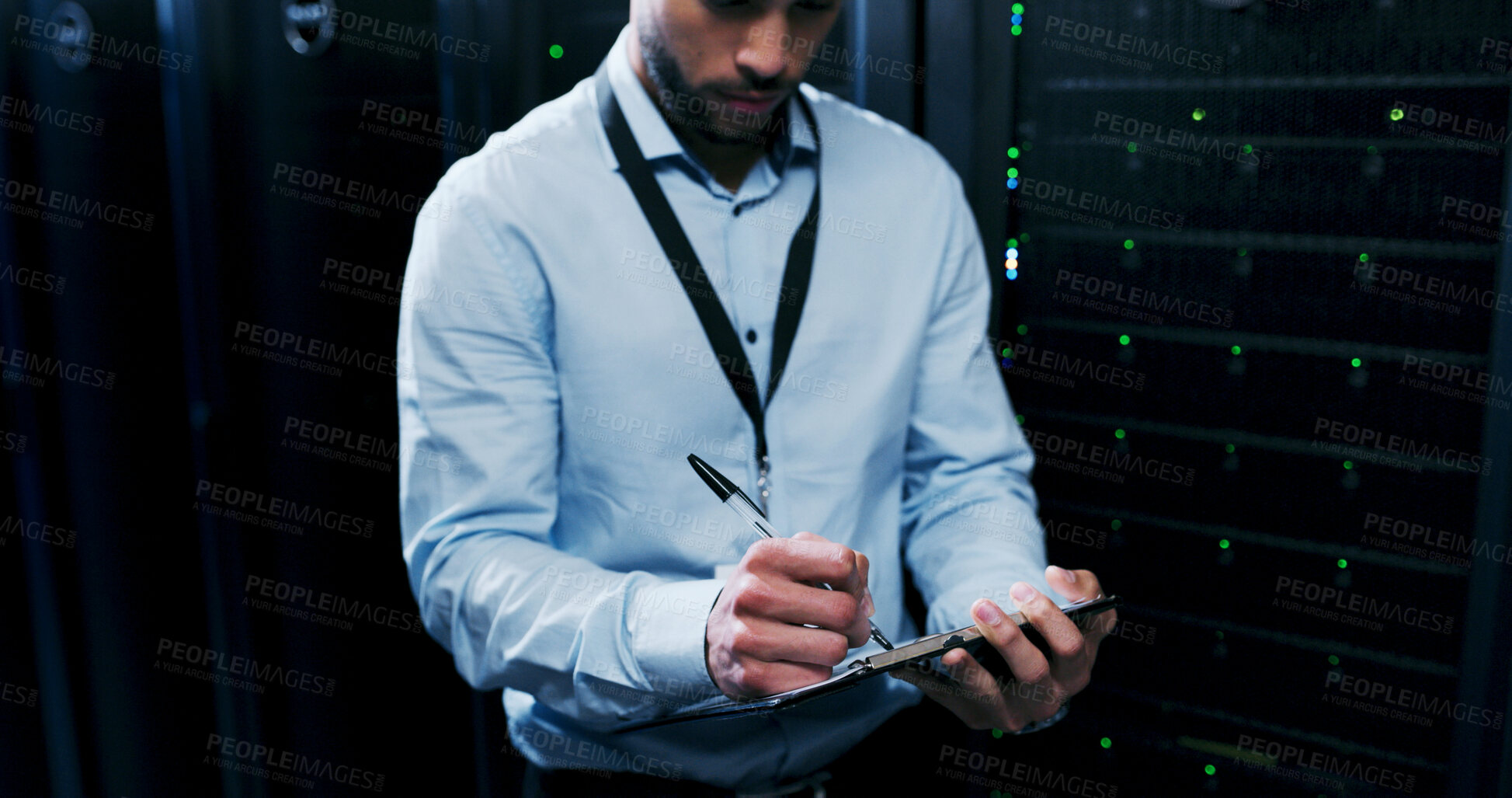 Buy stock photo Hands, writing notes and information technology in server room, solution and feedback at company. Person, programmer and clipboard with checklist, review and inspection for cybersecurity at agency