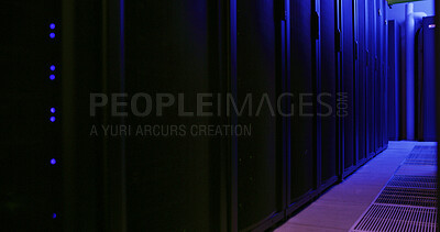 Buy stock photo Empty data center, network and storage in server room for IT, infrastructure and software security. Interior, power supply and hub operations for cybersecurity, hardware systems and database machine