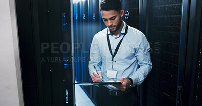 Buy stock photo Man, clipboard and writing in server room for information technology, solution or feedback at company. Person, programmer and checklist with notes, review and inspection for cybersecurity at agency