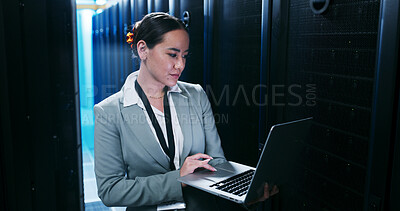 Buy stock photo Engineering, laptop and woman in server room for cybersecurity, network maintenance or programming. Computer, firewall installation and typing with IT professional in data center for administration