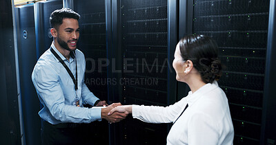 Buy stock photo Business people, handshake or meeting with agreement in server room for thank you or partnership. Businessman, woman or technician shaking hands with smile for deal, connection or network service
