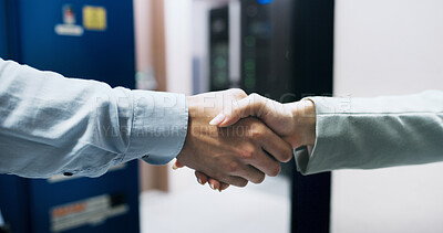 Buy stock photo Handshake, deal and business people in office with meeting, welcome or greeting for finance negotiation. Partnership, agreement and financial manager shaking hands with client for investment contract