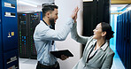 Man, woman and high five with smile in server room, success and team with IT solution at company. People, programmer and celebration with tablet, goals and achievement with cybersecurity career