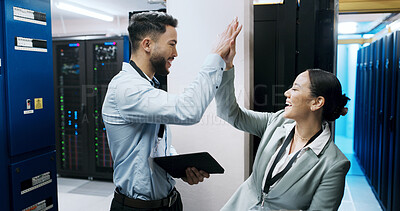 Buy stock photo Man, woman and high five with smile in server room, success and team with IT solution at company. People, programmer and celebration with tablet, goals and achievement with cybersecurity career