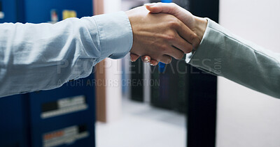 Buy stock photo Business people, handshake or deal with agreement in server room for thank you or partnership. Closeup, technician or engineer shaking hands with greeting or welcome for connection or network service