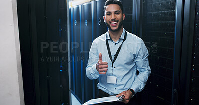 Buy stock photo Happy man, portrait and server room with thumbs up for network control or cybersecurity service. Male person, technician or IT engineer with smile, like emoji or yes sign for connectivity checklist