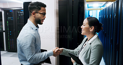 Buy stock photo Administration, handshake and meeting with people in server room together for networking agreement. Data center, deal and partnership with cybersecurity team shaking hands for thank you or welcome