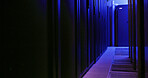 Empty, data center and network storage in server room for IT, infrastructure and software security. Interior, power supply and hud operations for cybersecurity, hardware systems and database machine