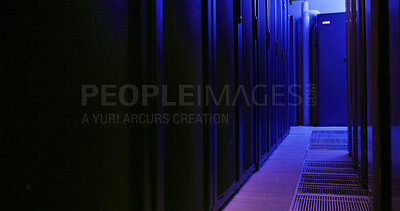 Buy stock photo Empty, data center and network storage in server room for IT, infrastructure and software security. Interior, power supply and hud operations for cybersecurity, hardware systems and database machine