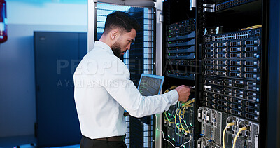 Buy stock photo Man, laptop and cable inspection in server room, system or coding process for IT solution at company. Person, cybersecurity and assessment with computer, hardware and information technology at agency