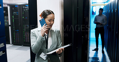 Buy stock photo Server room, clipboard or woman with phone call for technology or hardware maintenance. Network error, data center or engineer on mobile for IT support, 404 glitch checklist and electronic update